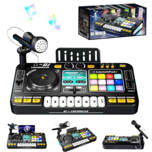Kids DJ Mixer Table with Microphone Bluetooth 8 Piano Keys LED Lights, Interactive Musical DJ Set, Music Toy Birthday Gift