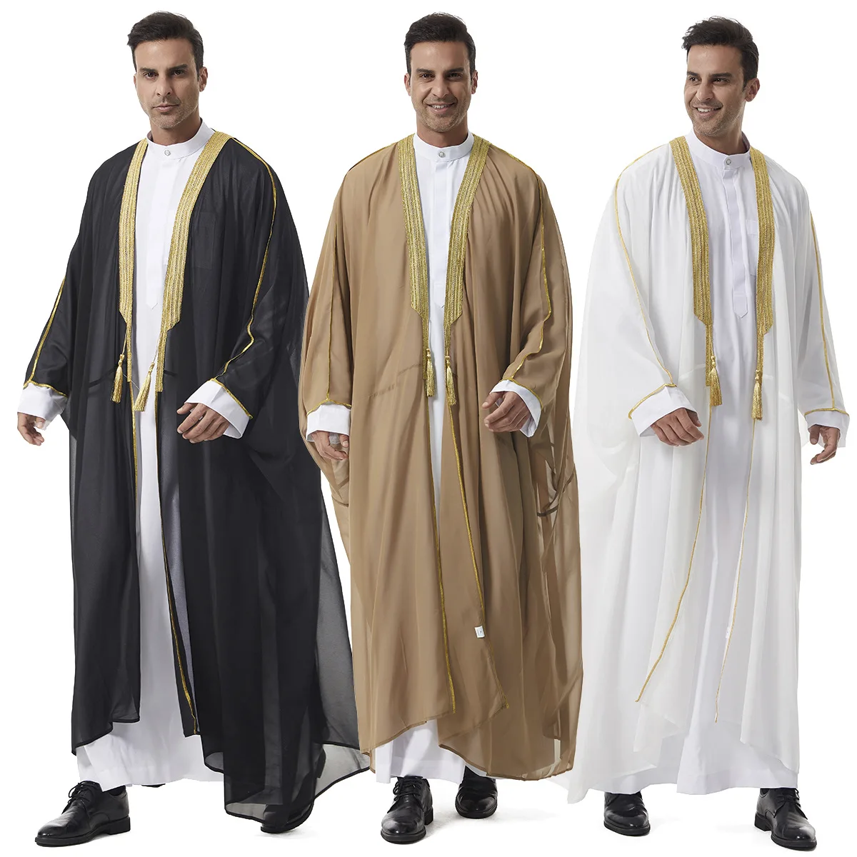 Men'S Arabic Robe - Middle East Saudi Lace Trim Tassel Chiffon Outerwear Traditional Ethnic Style Thobe Men'S Arabic Robe - Middle East Saudi Lace Trim Tassel Chiffon Outerwear Traditional Ethnic Style Thobe