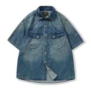 Vintage Kurzarm Denim Hemd Casual Lose Fit Sommer Neue Trendy Marke Arbeitskleidung Jean Jugend Sle Einreiher Denim Shirts