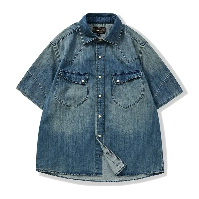 Vintage Kurzarm Denim Hemd Casual Lose Fit Sommer Neue Trendy Marke Arbeitskleidung Jean Jugend Sle Einreiher Denim Shirts Vintage Kurzarm Denim Hemd Casual Lose Fit Sommer Neue Trendy Marke Arbeitskleidung Jean Jugend Sle Einreiher Denim Shirts