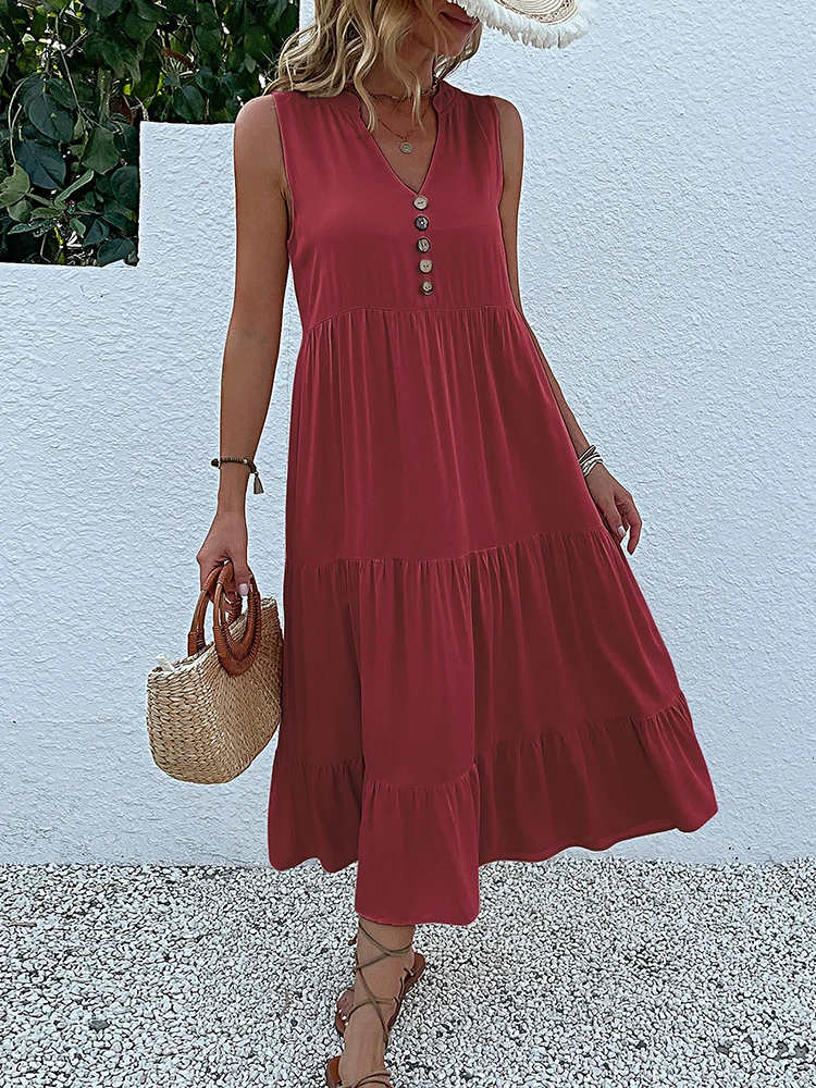 Lässig Sommer Midi Kleid Frauen Ärmellose Tank V-Ausschnitt Knöpfe Rüschen Lose Kleider Strand Soild Sommerkleid Mode Lässig Sommer Midi Kleid Frauen Ärmellose Tank V-Ausschnitt Knöpfe Rüschen Lose Kleider Strand Soild Sommerkleid Mode – Bild 3