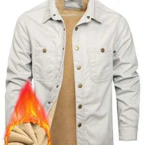Hellgraues, mit Fleece gefüttertes Winterhemd aus Denim für Herren, die Wärme mit einem lässigen Temperament kombiniert.