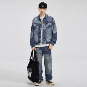 Übergröße 5XL Herbst/Winter Vintage Mosaik-Schachbrettmuster Denim-Jacke Jeans Lockerer Schnitt Unisex Herren Damen Paar-Set Passende Oberbekleidung