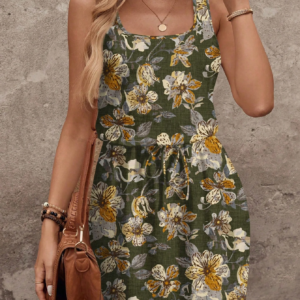 Bedrucktes ärmelloses Tankkleid für Damen mit Kordelzug an der Taille – lässiger Sommerstil, Rundhalsausschnitt, perfekt für Frühlings-/Sommerausflüge