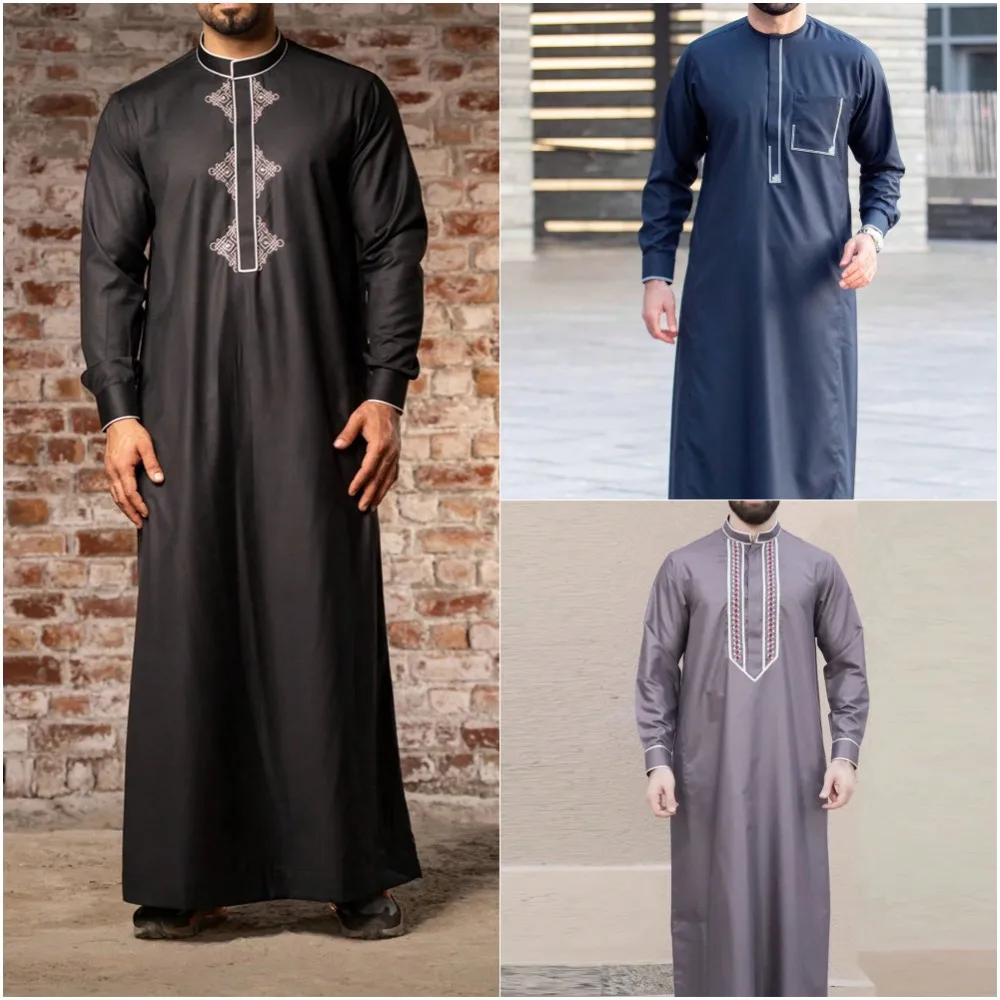 Islamic Loose Robe For Men Long-Sleeved Round Neck Ethnic Style Embroidered Arabic Men'S Traditional Muslim Thobe Dresses Islamic Loose Robe For Men Long-Sleeved Round Neck Ethnic Style Embroidered Arabic Men'S Traditional Muslim Thobe Dresses