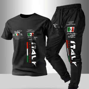 Sommermode für Herren mit italienischem Buchstabendruck, atmungsaktiv und bequem, Rundhals-T-Shirt und Hose, Set für Outdoor-Freizeitkleidung