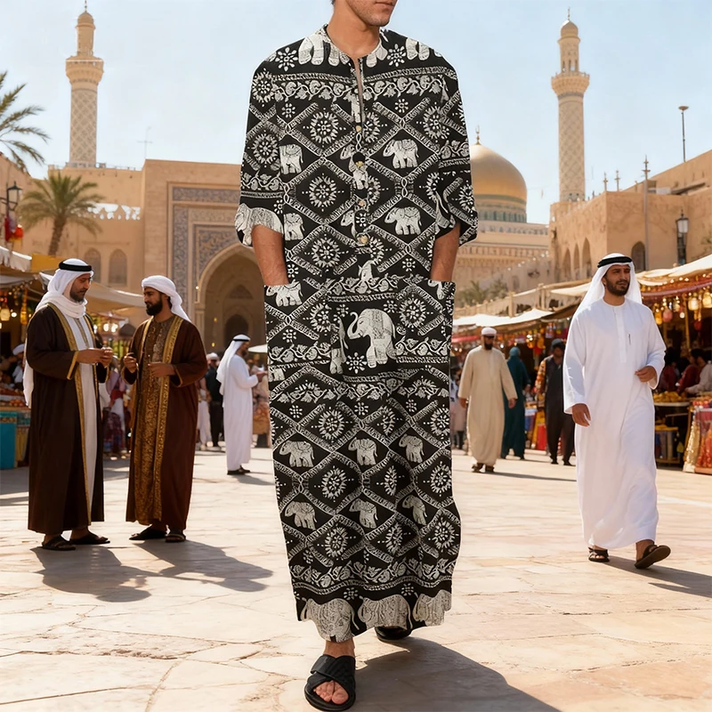 Men'S Muslim Robes Ethnic Graphics Printed Long Sleeve Cotton Pockets Robes Casual Islamic Arab Kaftan Dubai Kaftan 2025 New Men'S Muslim Robes Ethnic Graphics Printed Long Sleeve Cotton Pockets Robes Casual Islamic Arab Kaftan Dubai Kaftan 2025 New – Bild 2