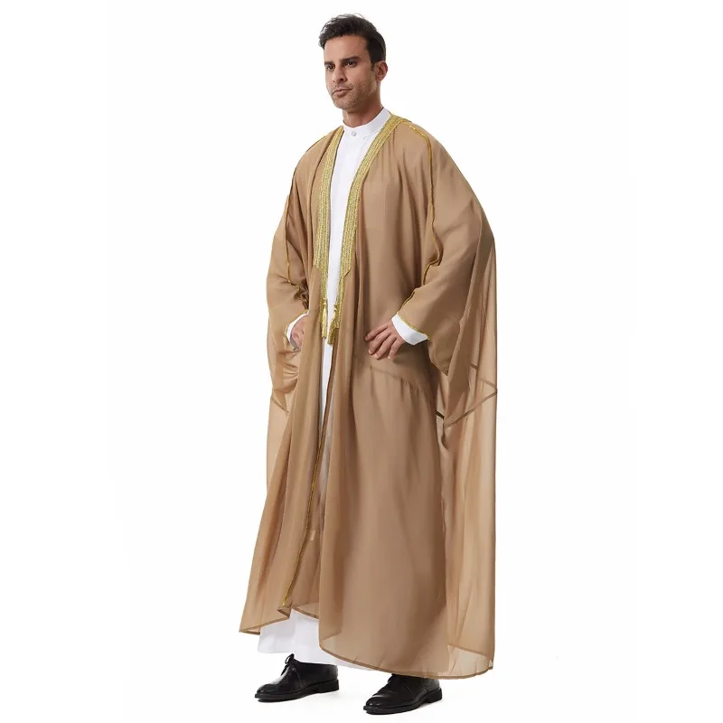 Men'S Arabic Robe - Middle East Saudi Lace Trim Tassel Chiffon Outerwear Traditional Ethnic Style Thobe Men'S Arabic Robe - Middle East Saudi Lace Trim Tassel Chiffon Outerwear Traditional Ethnic Style Thobe – Bild 4