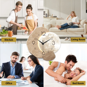 Moderne, schlichte, geräuschlose Wanduhr, Monddesign – Quarzwerk, Holzmaterial, für Schlafzimmer, Wohnzimmer oder Bürodekoration