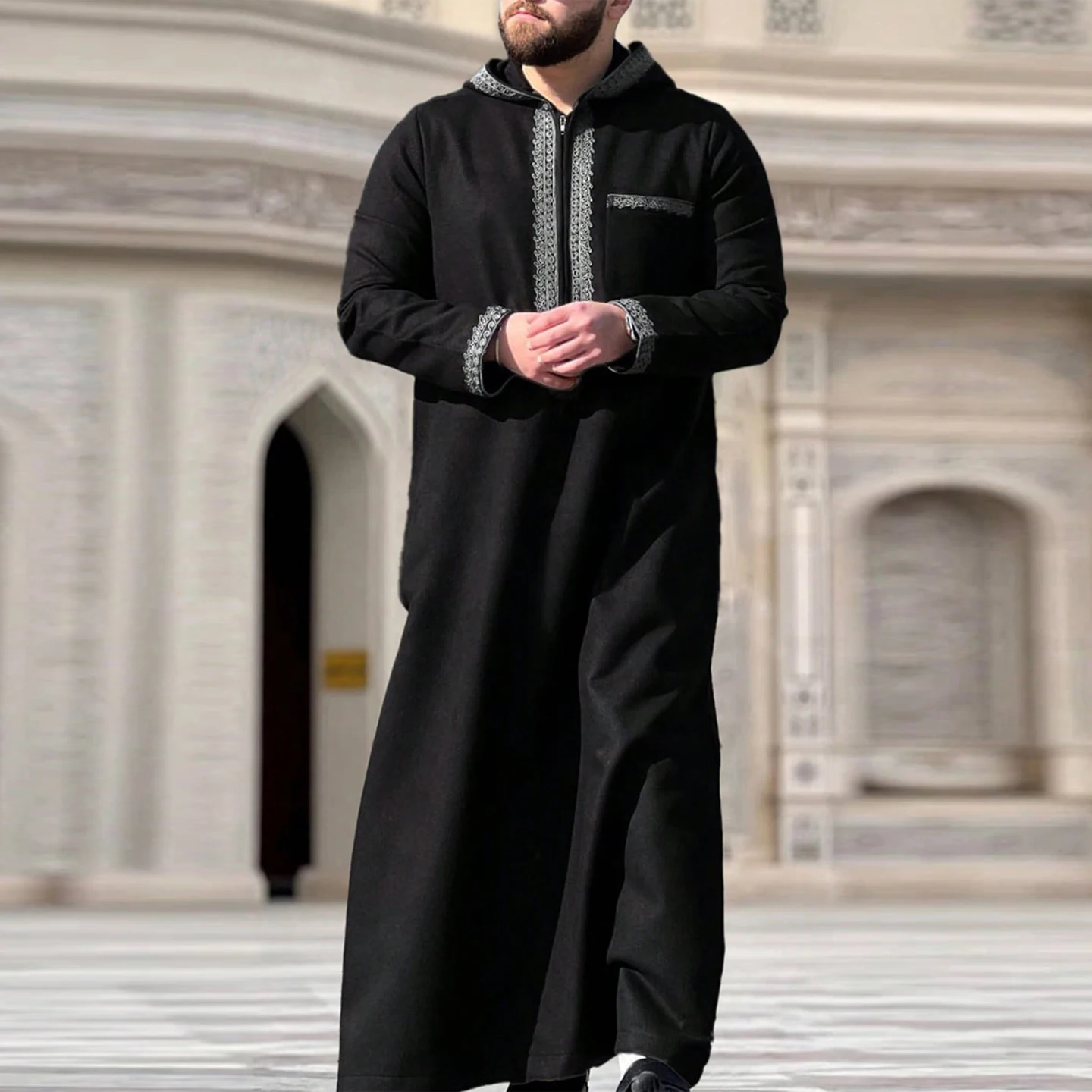Islamic Loose Robe For Men Long-Sleeved Round Neck Ethnic Style Embroidered Arabic Men'S Traditional Muslim Thobe Dresses Islamic Loose Robe For Men Long-Sleeved Round Neck Ethnic Style Embroidered Arabic Men'S Traditional Muslim Thobe Dresses – Bild 2