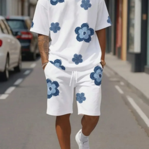 Atmungsaktive und bequeme Rundhals-T-Shirt-Shorts für Herren im Sommer mit bedrucktem Muster, lässiges zweiteiliges Outdoor-Set