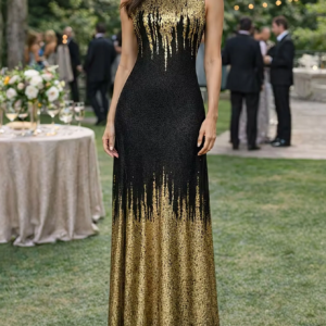 Womens Elegant Round Neck Sleeveless Wedding Evening Party Floor Length Black Gold Mermaid Hem Sequin Formal Dress