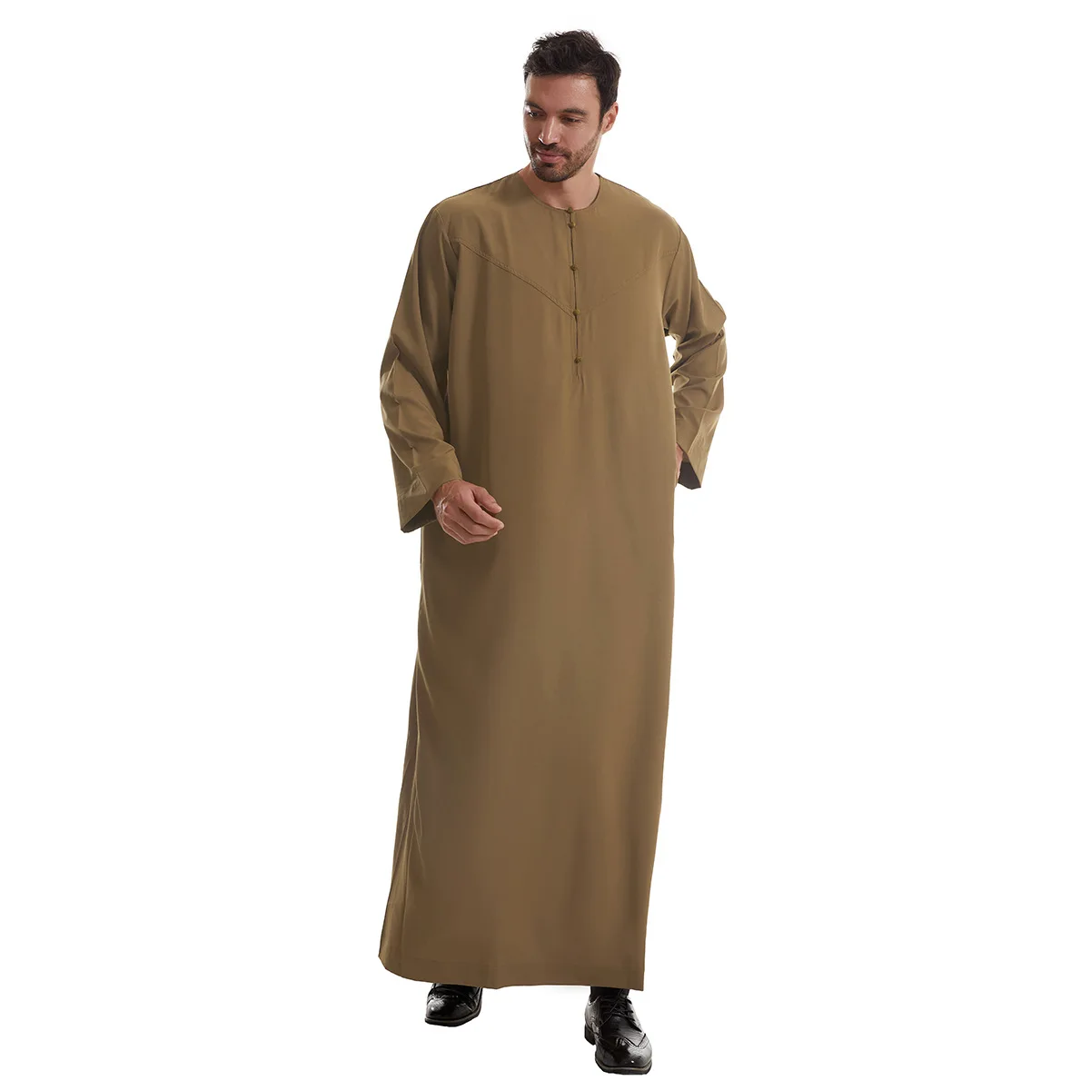 Middle Eastern Muslim Saudi Arabian Men'S Robe Solid Color Splicing Button Long Shirt Large Round Neck Ethnic Clothing Hui Robe Middle Eastern Muslim Saudi Arabian Men'S Robe Solid Color Splicing Button Long Shirt Large Round Neck Ethnic Clothing Hui Robe – Bild 3