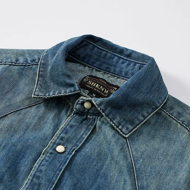 Vintage Kurzarm Denim Hemd Casual Lose Fit Sommer Neue Trendy Marke Arbeitskleidung Jean Jugend Sle Einreiher Denim Shirts Vintage Kurzarm Denim Hemd Casual Lose Fit Sommer Neue Trendy Marke Arbeitskleidung Jean Jugend Sle Einreiher Denim Shirts – Bild 2