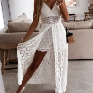Sommer V-ausschnitt Einfarbig Spitze Hohl-Out Ärmel Sling Party Tragen Hohe Taille Strampler Urlaub Casual Weiß frauen Overall
