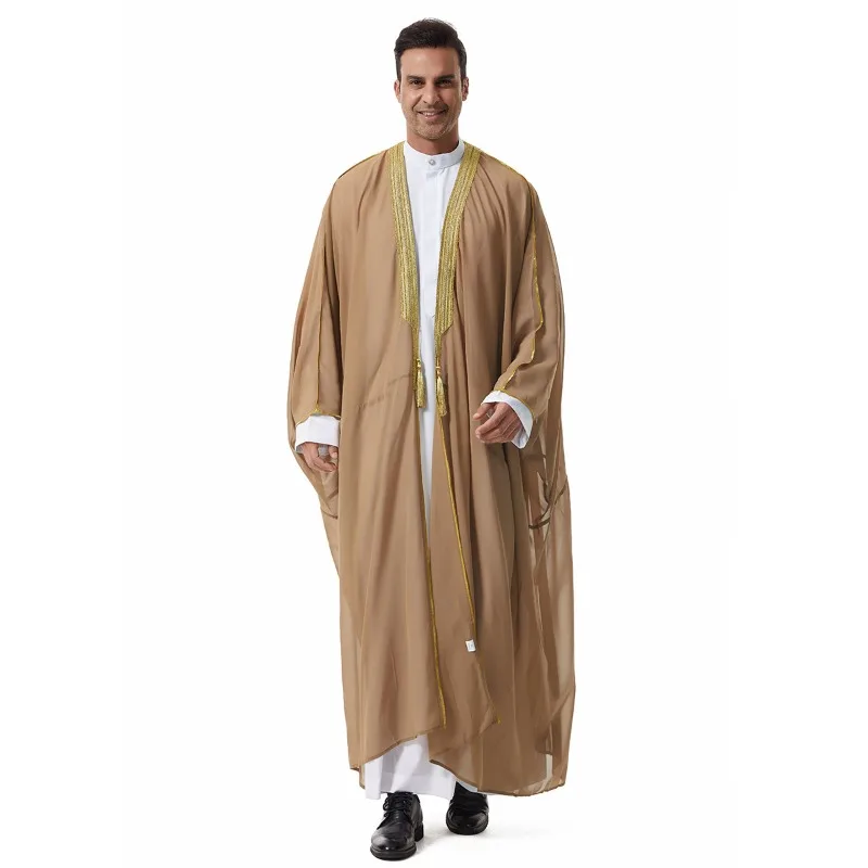 Men'S Arabic Robe - Middle East Saudi Lace Trim Tassel Chiffon Outerwear Traditional Ethnic Style Thobe Men'S Arabic Robe - Middle East Saudi Lace Trim Tassel Chiffon Outerwear Traditional Ethnic Style Thobe – Bild 3