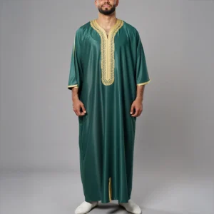 Traditional Men's Islamic Embroidered Robe Moroccan Loose Abaya Designer Muslim Arabian Thobe Summer Casual Breathable Kaftan