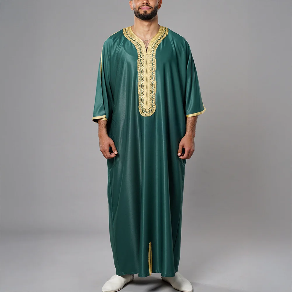 Traditional Men'S Islamic Embroidered Robe Moroccan Loose Abaya Designer Muslim Arabian Thobe Summer Casual Breathable Kaftan Traditional Men'S Islamic Embroidered Robe Moroccan Loose Abaya Designer Muslim Arabian Thobe Summer Casual Breathable Kaftan