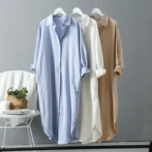 2024 frühling Casual frauen Blusen Koreanische Kleidung Herbst Vintage Leinen Baumwolle Mid-Länge Weißes Hemd Kleid Für Weibliche chic Tops