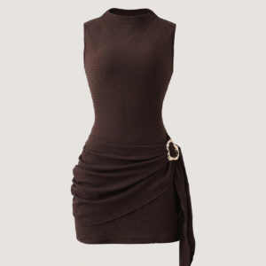 Elegantes Damenkleid mit Strukturierter Stoffoberfläche, Plissierter Taille, Schleifenband, Schmal Geschnitten, Mini-Länge, Lässig, Metallschnalle, Einfarbig, Sommerkleid