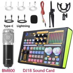 DJ18 Soundkarten-Studiomixer mit BM800-Mikrofon, Rauschunterdrückung für Live-Streaming, Sprachaufzeichnung auf Telefon und Computer