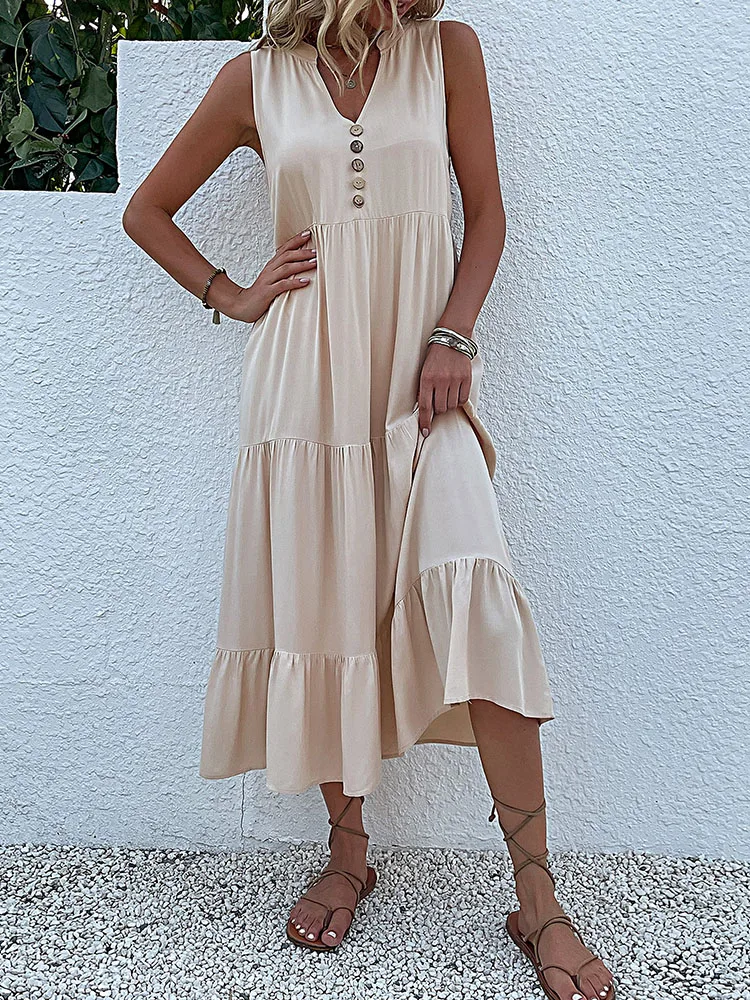 Lässig Sommer Midi Kleid Frauen Ärmellose Tank V-Ausschnitt Knöpfe Rüschen Lose Kleider Strand Soild Sommerkleid Mode Lässig Sommer Midi Kleid Frauen Ärmellose Tank V-Ausschnitt Knöpfe Rüschen Lose Kleider Strand Soild Sommerkleid Mode – Bild 2