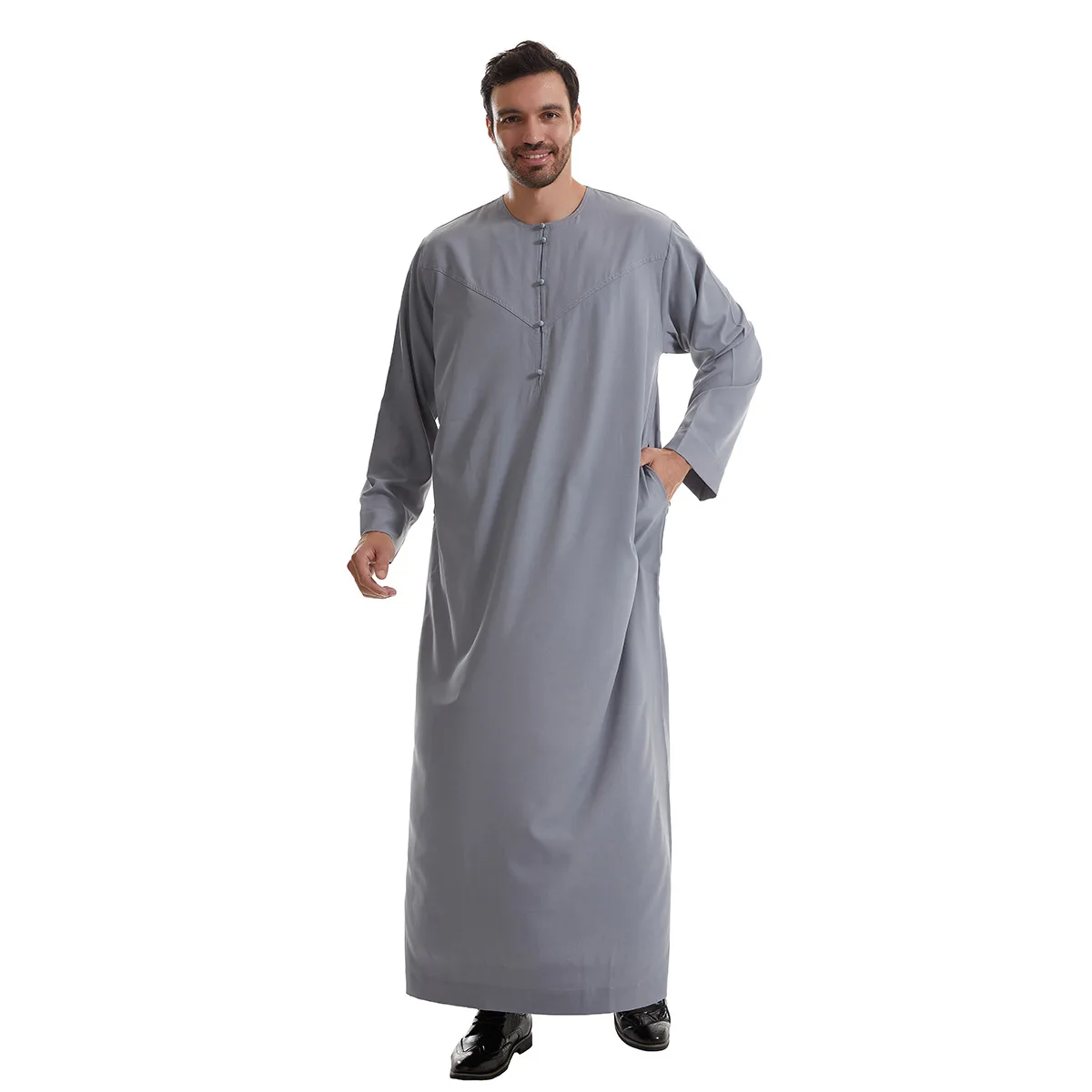 Middle Eastern Muslim Saudi Arabian Men'S Robe Solid Color Splicing Button Long Shirt Large Round Neck Ethnic Clothing Hui Robe Middle Eastern Muslim Saudi Arabian Men'S Robe Solid Color Splicing Button Long Shirt Large Round Neck Ethnic Clothing Hui Robe – Bild 2
