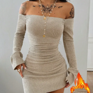 Elegant Solid Color Knitted Off-Shoulder Slim Asymmetrical Dress for Ladies Fashionable Casual Maxi Length A-Line Gown