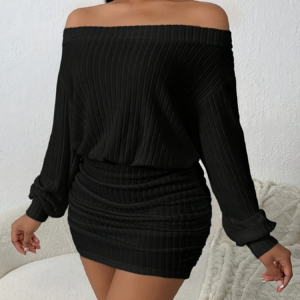 Einschultriges, bauschiges, einfarbiges, lässiges, multifunktionales, langärmeliges Strickkleid