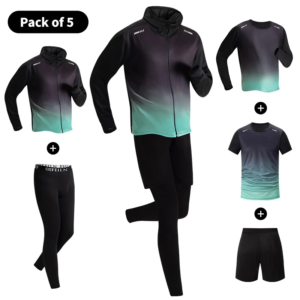5-teiliger, schnell trocknender Sportanzug für Herren, Fitness, Laufhose, elastische Hose mit Kappe, Farbverlaufsmantel, Rundhalsausschnitt, lässiges T-Shirt