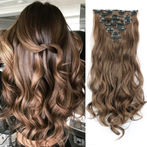 Synthetische 16 Clips in Haarverlängerungen, 7 Teile/satz, lange gewellte Frisuren, 61 cm, 140 g, Clip-in, hitzebeständiges schwarzbraunes Haarteil
