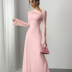 Neues Frühjahr/Sommer-Damenkleid aus rosafarbenem Tüll mit Explosion, schmales, unregelmäßiges, diagonales Schulter- und ultralanges Kleid