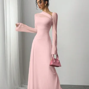 Neues Frühjahr/Sommer-Damenkleid aus rosafarbenem Tüll mit Explosion, schmales, unregelmäßiges, diagonales Schulter- und ultralanges Kleid