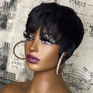 Natural Black Pixie Cut Wigs Human Hair Full Machine Made Wig Short Bob Wig With Bangs Layered Pixie Cut Wig For Black Women