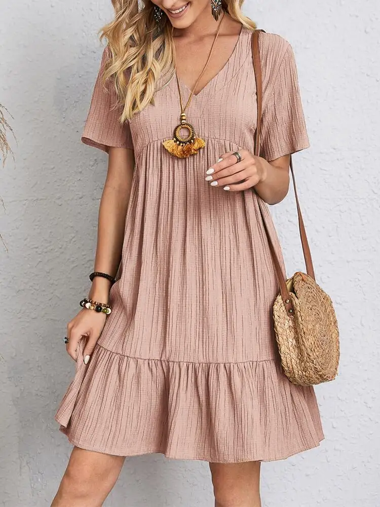 Frauen Elegante Kurzarm V-Ausschnitt Rüschen Kleid Sommer Casual Solide Lose Mini Kleid Chic Böhmischen Sommerkleid Strand Party Vestidos Frauen Elegante Kurzarm V-Ausschnitt Rüschen Kleid Sommer Casual Solide Lose Mini Kleid Chic Böhmischen Sommerkleid Strand Party Vestidos