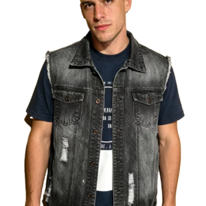 Extragroße Größe, Internet-Celebrity-Stil, Vintage Distressed Ripped Denim-Weste für Herren, Umlegekragen, Ärmellose Arbeitsweste, Europäischer und Amerikanischer Street-Style, Geeignet zum Schichten, Denim-Weste für Alle Jahreszeiten