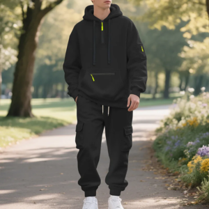 Neuer, dicker, mit Fleece gefütterter, lässiger Sportanzug für Herren im Winter – locker sitzendes Design, halboffener Stil zum Tragen, zweiteiliger Arbeitskleidungsstil