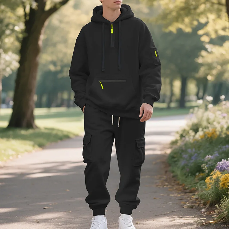 Neuer, Dicker, Mit Fleece Gefütterter, Lässiger Sportanzug Für Herren Im Winter – Locker Sitzendes Design, Halboffener Stil Zum Tragen, Zweiteiliger Arbeitskleidungsstil Neuer, Dicker, Mit Fleece Gefütterter, Lässiger Sportanzug Für Herren Im Winter – Locker Sitzendes Design, Halboffener Stil Zum Tragen, Zweiteiliger Arbeitskleidungsstil