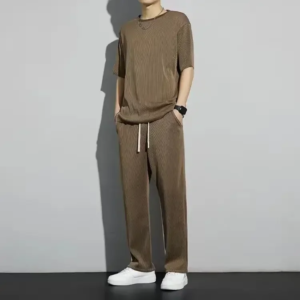 Herren Sportset aus geknitterter Eisseide, Sommer 2026 Neu, Kurzarm und lange Hose, zweiteiliges Set, modisch, atmungsaktiv und kühlend