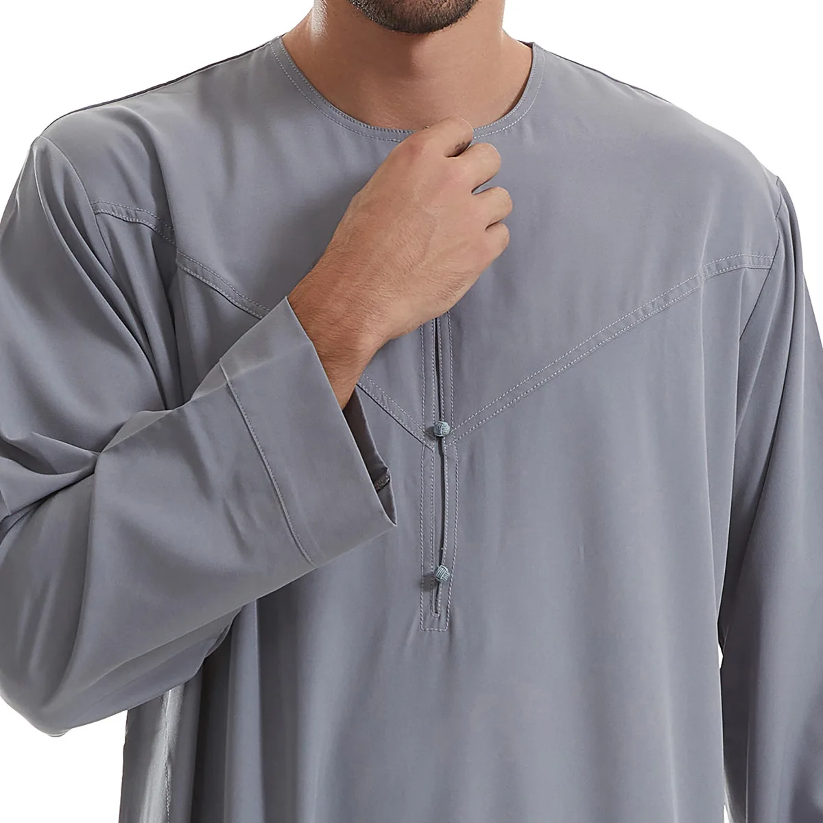 Middle Eastern Muslim Saudi Arabian Men'S Robe Solid Color Splicing Button Long Shirt Large Round Neck Ethnic Clothing Hui Robe Middle Eastern Muslim Saudi Arabian Men'S Robe Solid Color Splicing Button Long Shirt Large Round Neck Ethnic Clothing Hui Robe