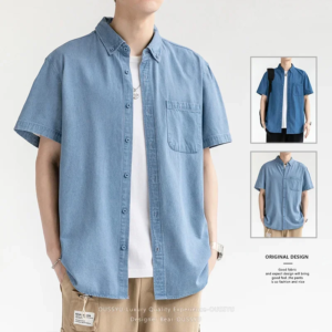 Herren-Jeanshemd Langarm Casual Oberbekleidung Jugend 2026 Mode Streetwear Hellblau Knopfleiste Oberteil mit Taschen Jeanshemd