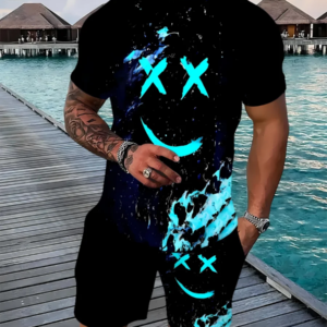 Sommer Herren T-Shirt Cartoon bedrucktes Muster atmungsaktives leichtes Polyester Herren T-Shirt Kurzarm Shorts Set