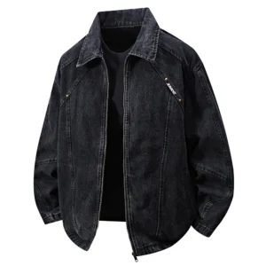 Herren Jeansjacke, klassische Niete, schwarz, grau, Baumwolle, Jeansmantel, Reverskragen, Reißverschluss, Oberbekleidung