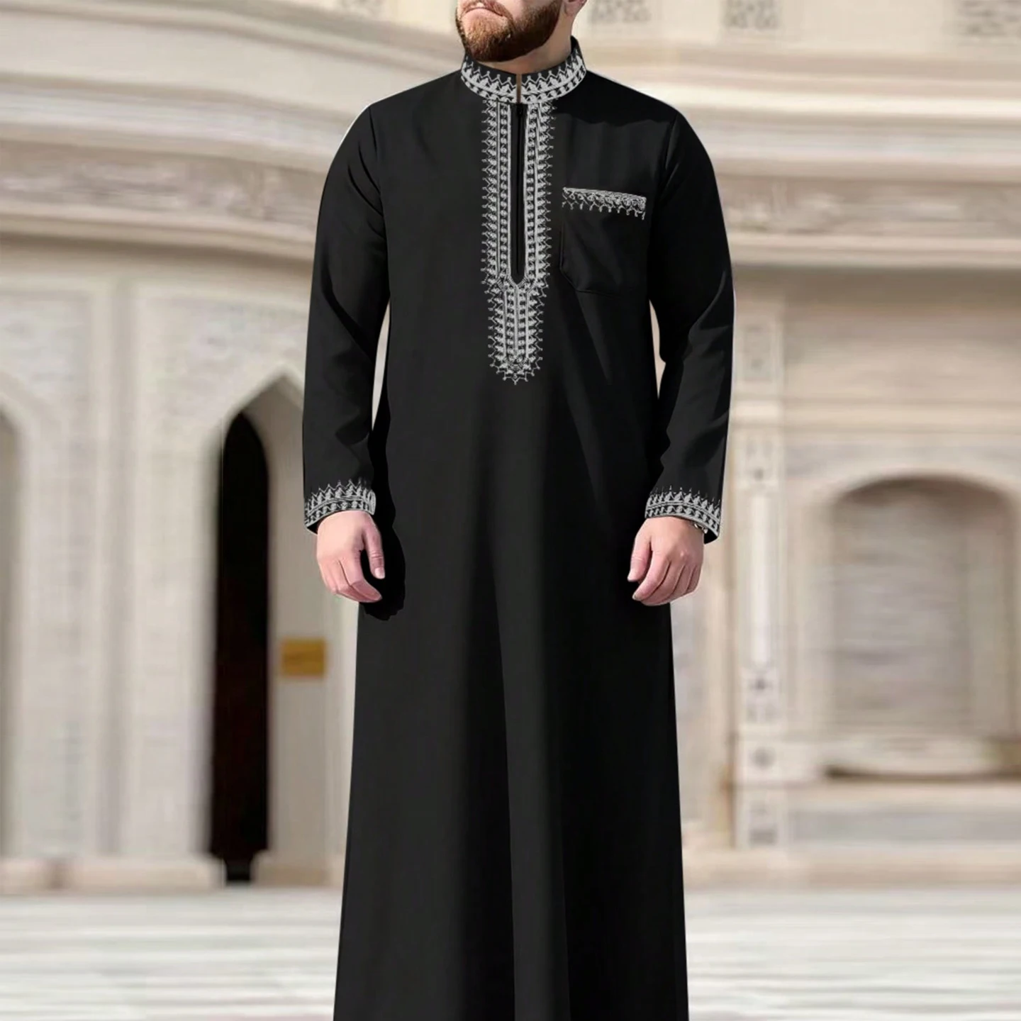 Islamic Loose Robe For Men Long-Sleeved Round Neck Ethnic Style Embroidered Arabic Men'S Traditional Muslim Thobe Dresses Islamic Loose Robe For Men Long-Sleeved Round Neck Ethnic Style Embroidered Arabic Men'S Traditional Muslim Thobe Dresses – Bild 3