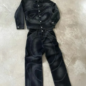 Patch Jeans Retro gestreifte bestickte Jacke zweiteiliges Set Y2k Anzug Herren Harajuku Hiphop bestickte lose Jeans alte Jacke