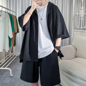 Koreanische Art Herren Set Shirt Shorts solide Kurzarm Top passende Hosen Sommer Mode übergroße Kleidung Männer