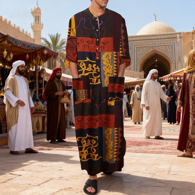 Men'S Muslim Robes Ethnic Graphics Printed Long Sleeve Cotton Pockets Robes Casual Islamic Arab Kaftan Dubai Kaftan 2025 New Men'S Muslim Robes Ethnic Graphics Printed Long Sleeve Cotton Pockets Robes Casual Islamic Arab Kaftan Dubai Kaftan 2025 New