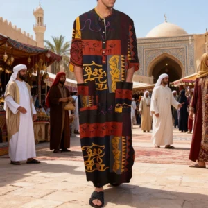 Men's Muslim Robes Ethnic Graphics Printed Long Sleeve Cotton Pockets Robes Casual Islamic Arab Kaftan Dubai Kaftan 2025 New