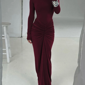 Weird Puss Hipster Ruched Dress Women O-Neck Full Sleeve Skinny Stretch Robe Autumn Trend Simple Classic Pleats Long Bodycon