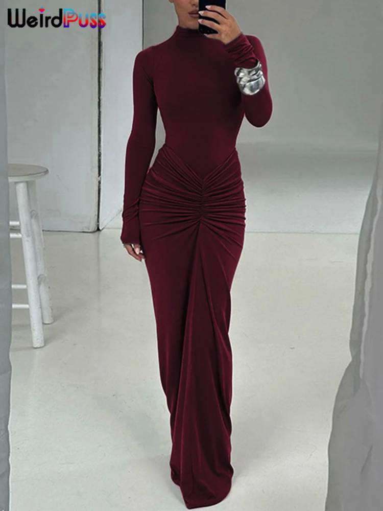Weird Puss Hipster Ruched Dress Women O-Neck Full Sleeve Skinny Stretch Robe Autumn Trend Simple Classic Pleats Long Bodycon Weird Puss Hipster Ruched Dress Women O-Neck Full Sleeve Skinny Stretch Robe Autumn Trend Simple Classic Pleats Long Bodycon